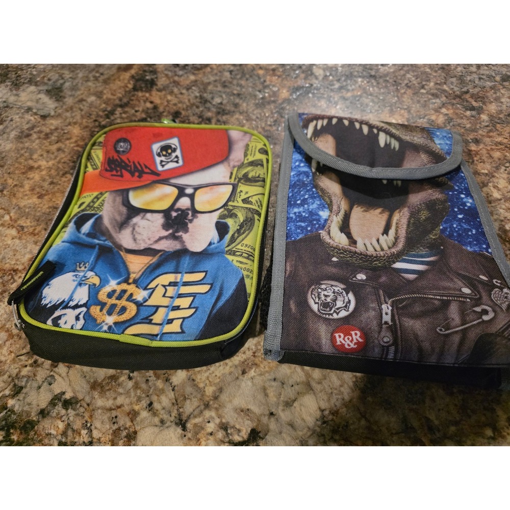 Insulated Lunch Bag Set Bulldog Streetwear and T-Rex Biker Graphics Black 2pc